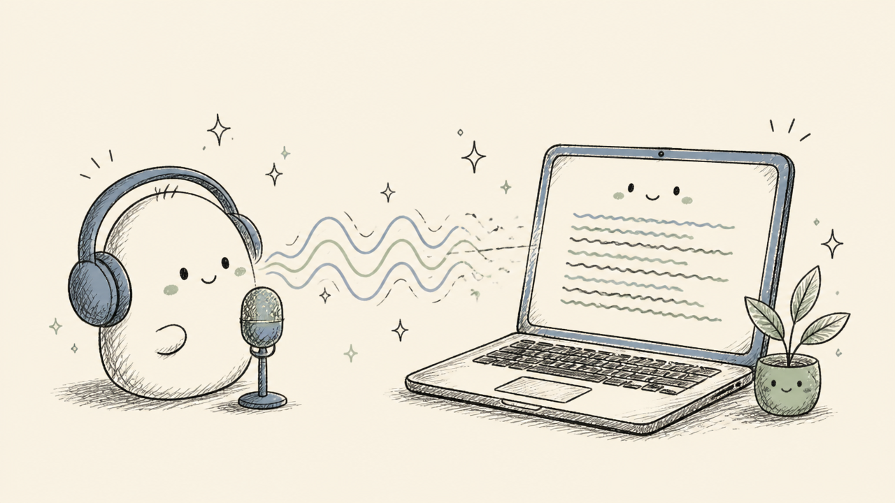 A stylized illustration of sound waves transforming into written English text on a screen.