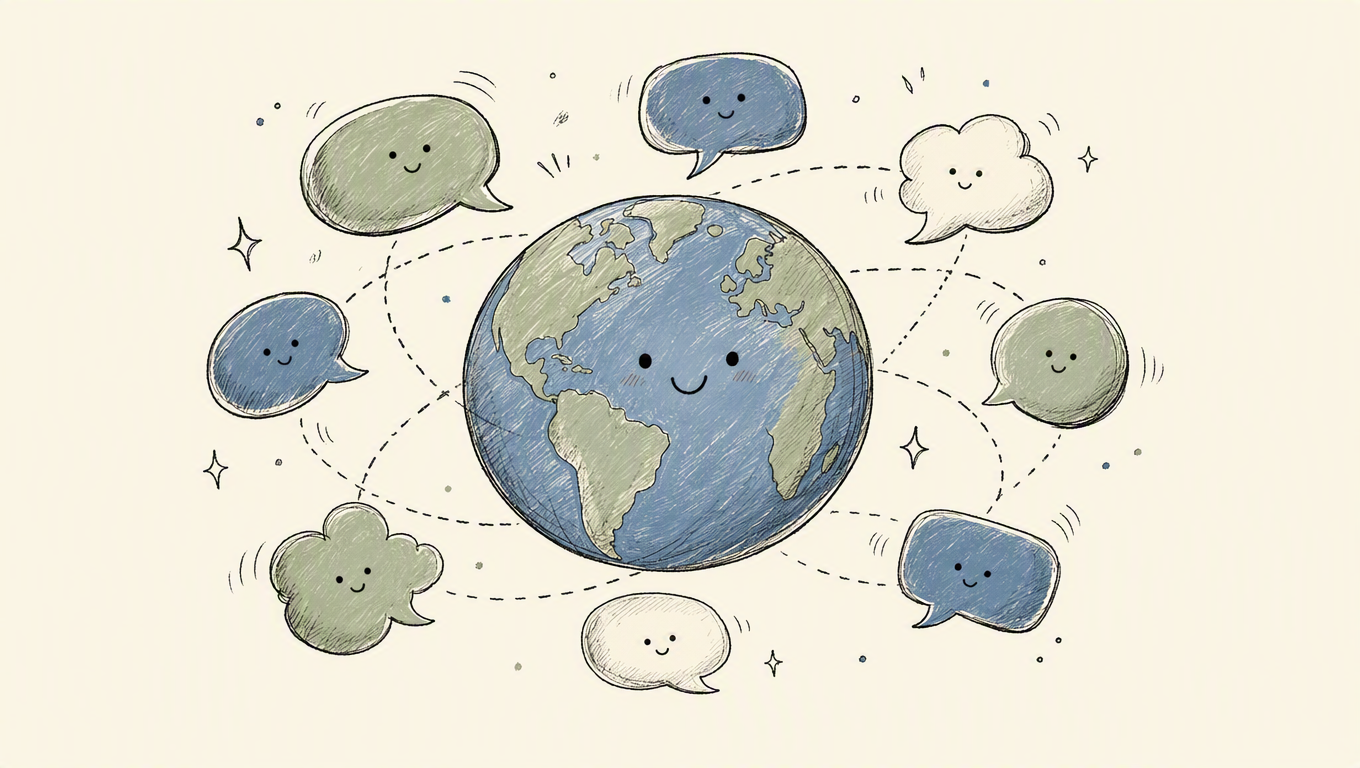 A globe with speech bubbles in different languages orbiting it, representing global communication.