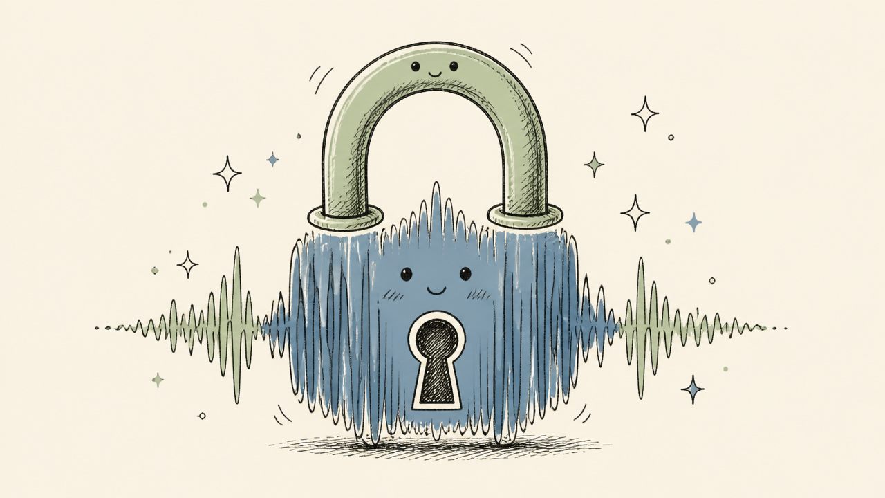 A stylized padlock icon formed by digital waveforms, representing secure audio processing.