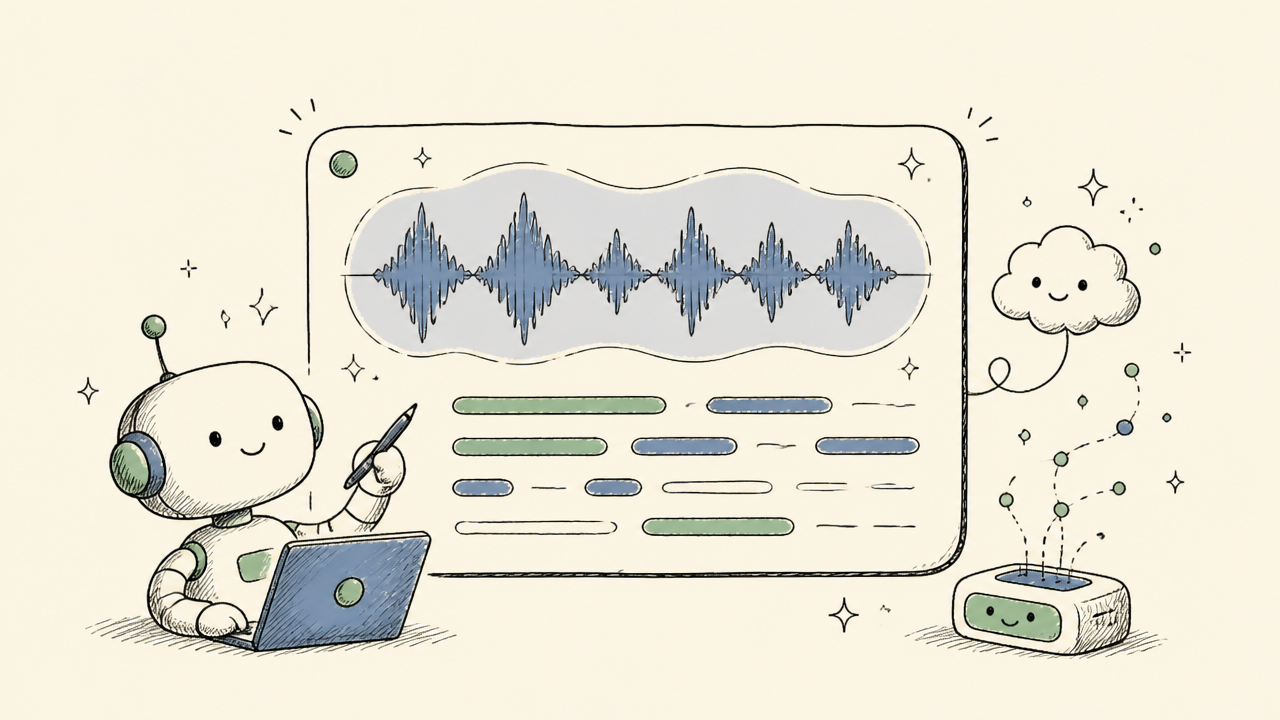 A futuristic digital interface displaying waveform audio with transcription text overlaid, representing AI processing.