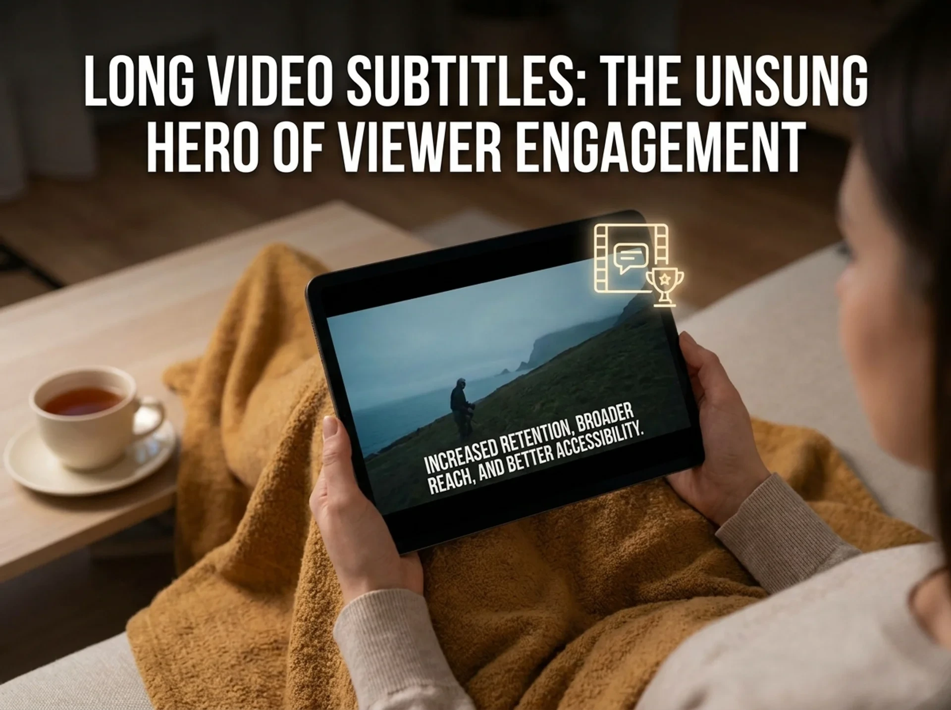 A futuristic digital interface displaying a video timeline with subtitle tracks and waveform audio.