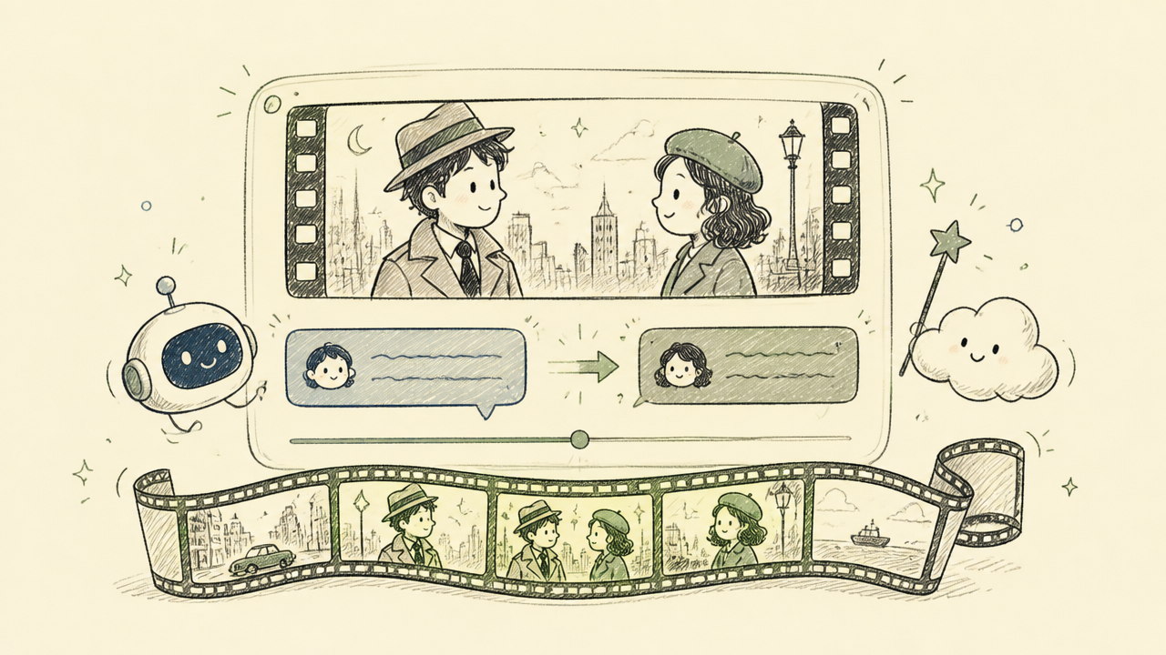 A futuristic digital interface showing translated subtitles overlaid on a film strip.