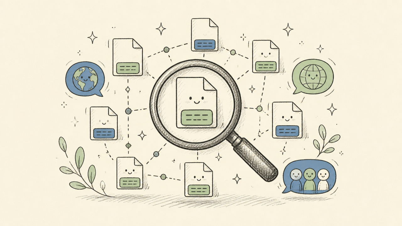 A magnifying glass hovers over a complex network of subtitle files and translation icons on a screen.