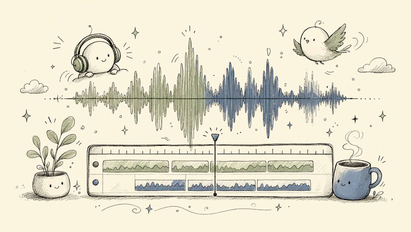A futuristic soundwave visualization overlaid on a digital timeline with subtle text cues.