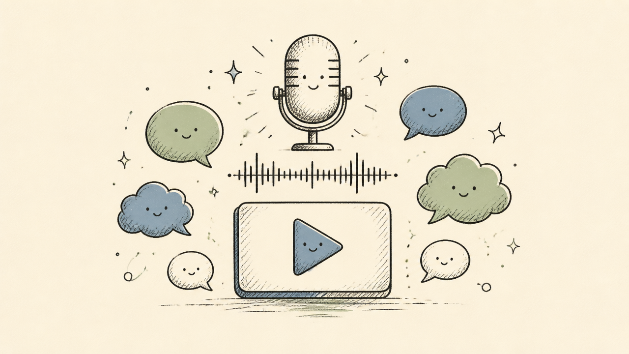 A microphone icon above a waveform, with text bubbles floating around a video play button.
