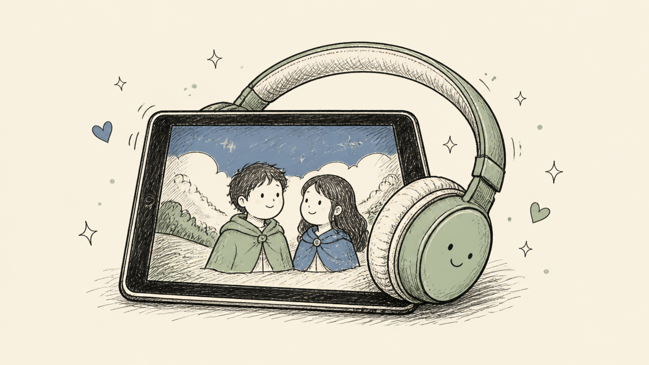 A pair of headphones resting on a tablet displaying a movie with subtitles.