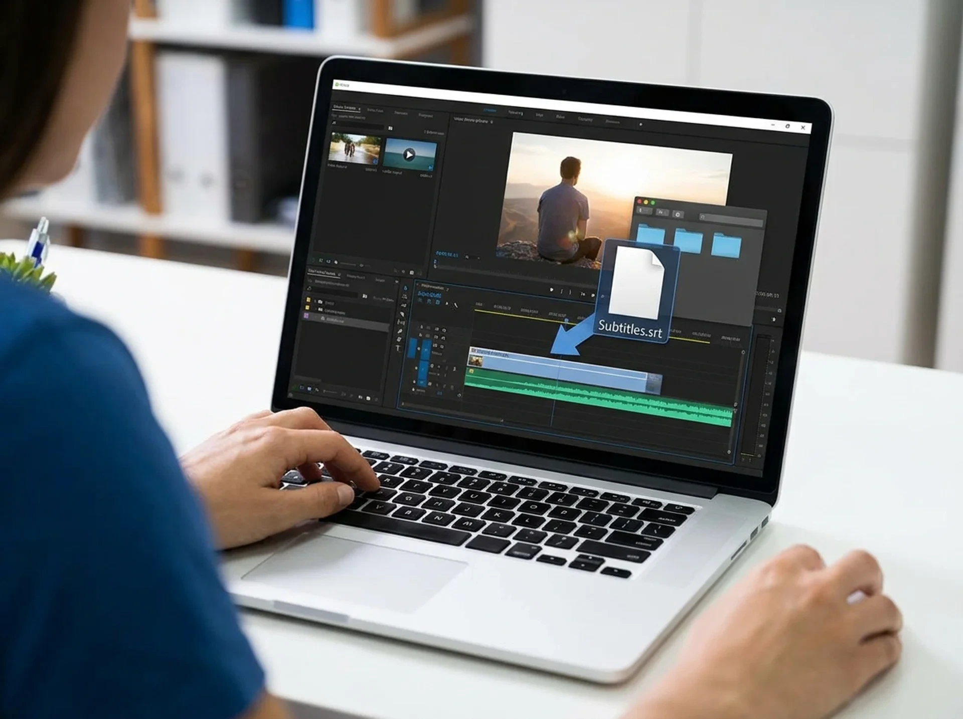 A sleek, modern interface displaying a video player with overlaid subtitle tracks and waveform.