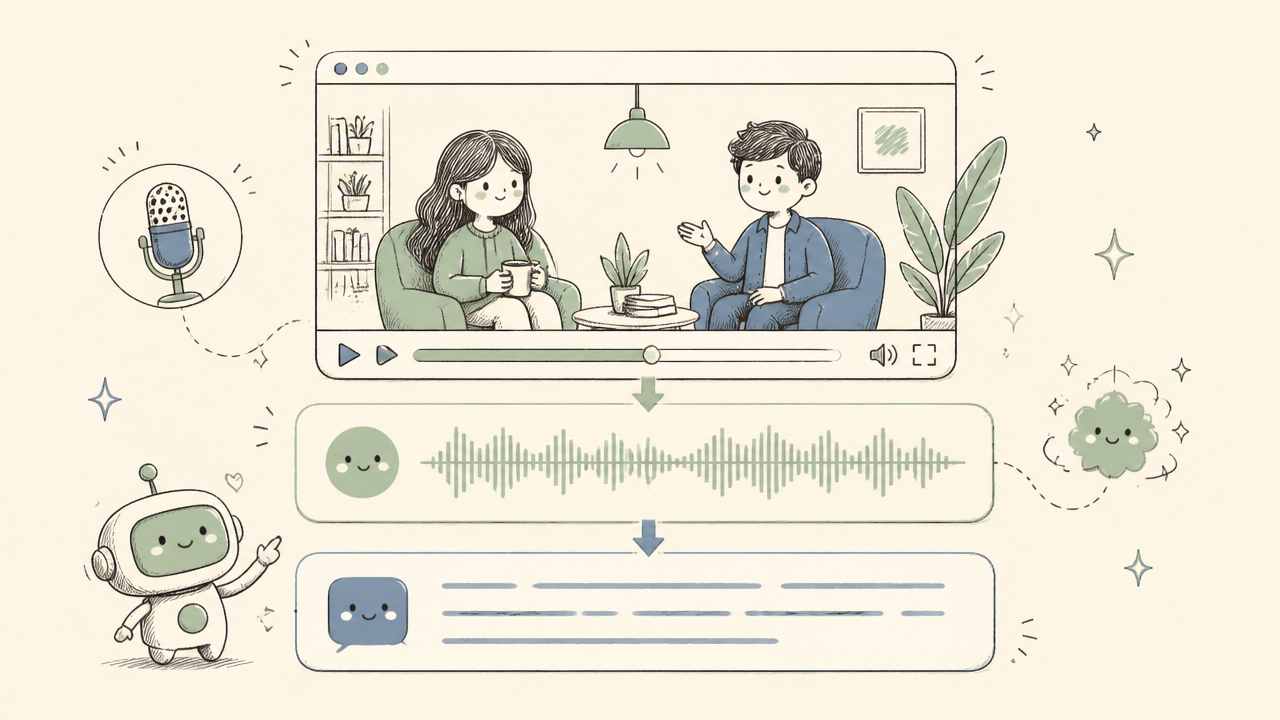 A futuristic UI displaying sound waves transforming into text captions with a video player in the background.